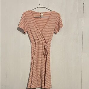 Caution To The Wind Peach-Pink Wrap Mini Dress with White Stripe